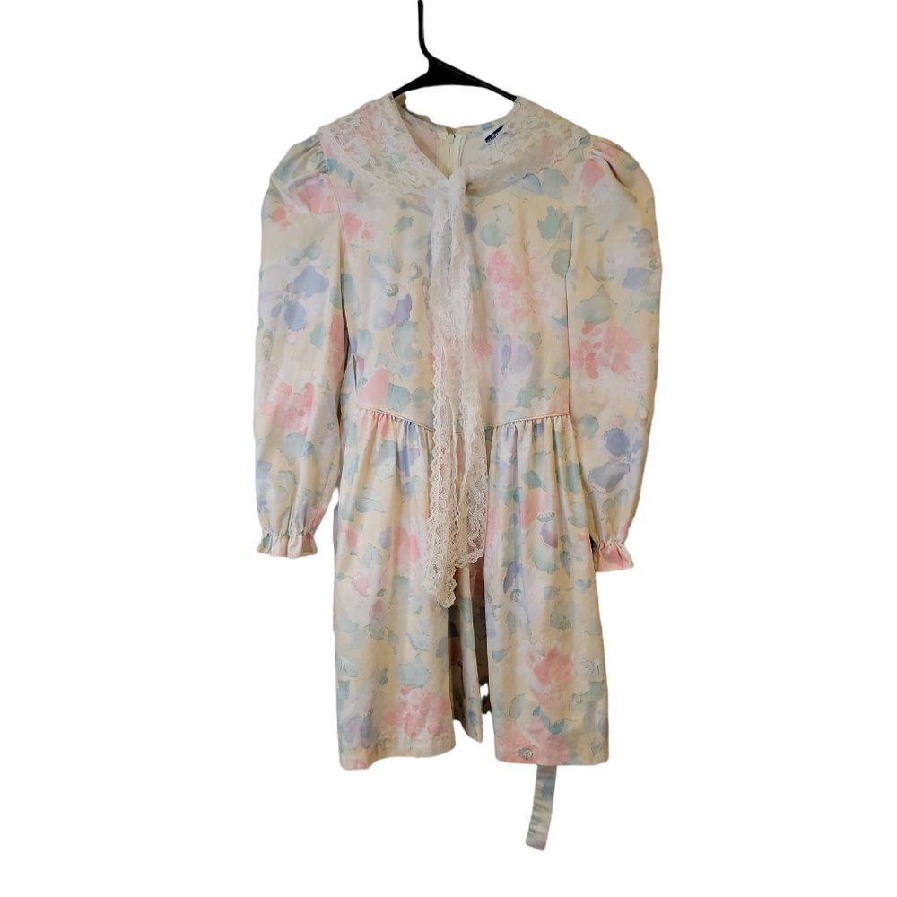 Vintage Polly Flanders Size 8 Dress Lace Collar Floral Tie Back